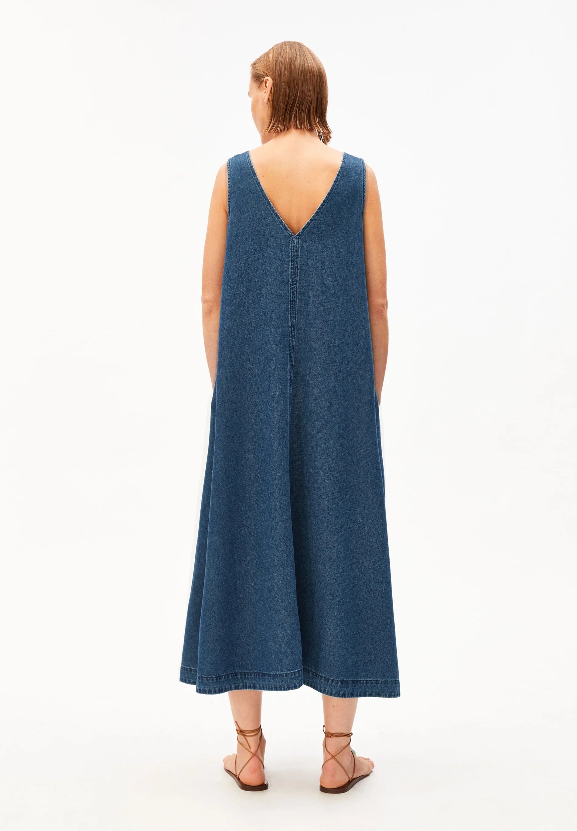 women's ARMEDANGELS Denim V-Neck Midi Dress in Eau, full model back view in Kelowna