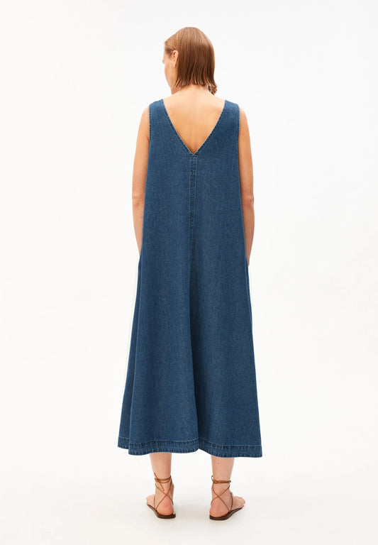 women's ARMEDANGELS Denim V-Neck Midi Dress in Eau, full model back view in Kelowna