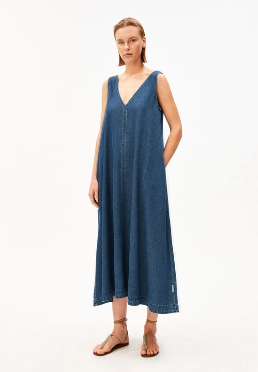 women's ARMEDANGELS Denim V-Neck Midi Dress in Eau, full model front view in Kelowna
