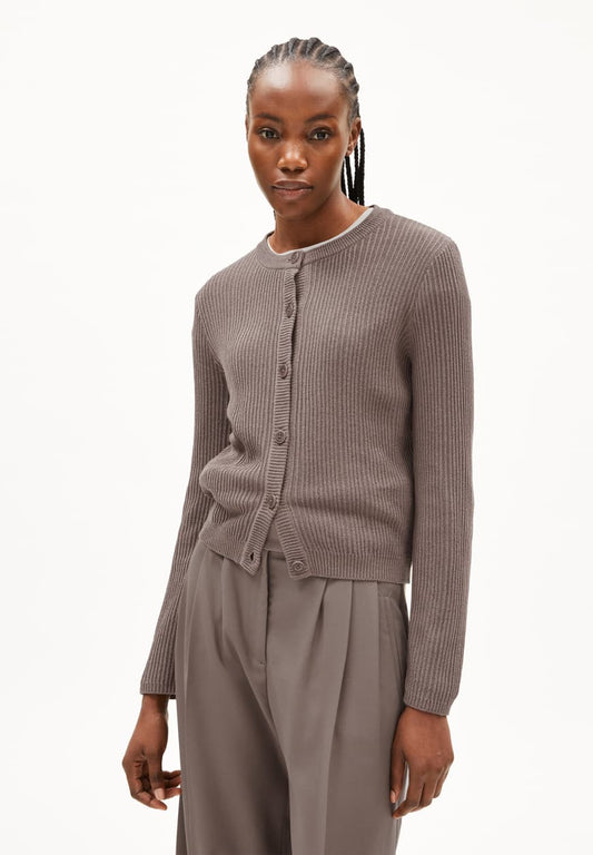 ARMEDANGELS RICALAA LINO Cardigan in Walnut Cream - women's ribbed button-up cardigan sweater with long sleeves in Kelowna