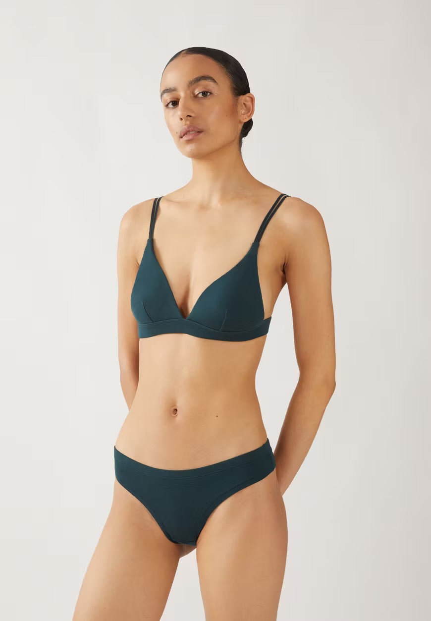 ARMEDANGELS Canada - Osilaa Triangle Bralette - teal stone front on model with matching panties