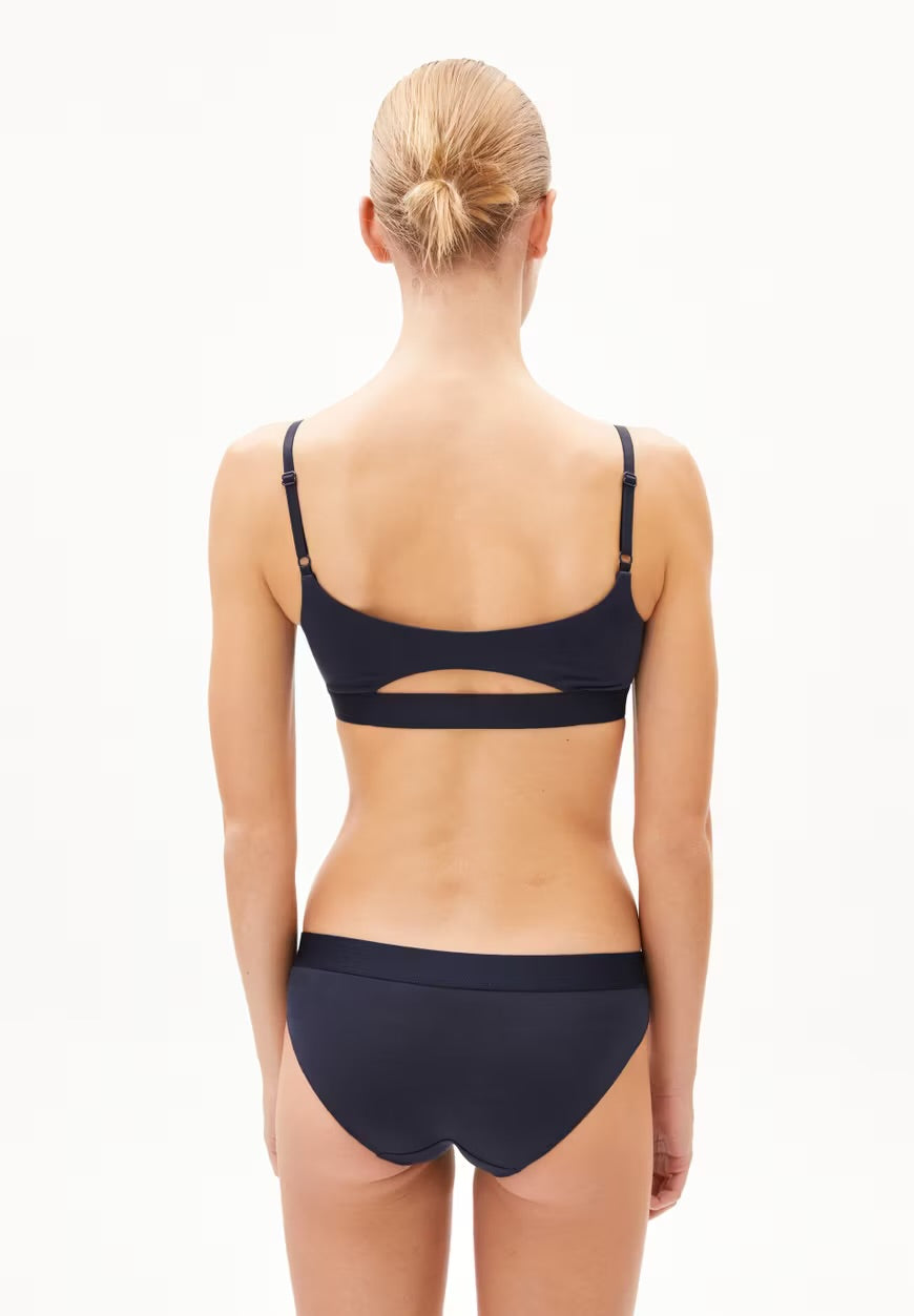 ARMEDANGELS Canada - Tovaa Bralette in Night Sky back view on model of navy blue natural fabric bra