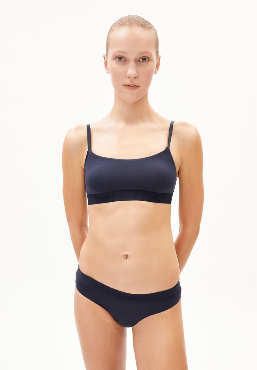 ARMEDANGELS Canada - Tovaa Bralette in Night Sky - front view on model navy bra natural fabric in Kelowna