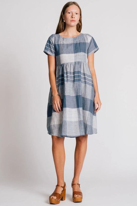 blue plaid babydoll dress front view on model in kelowna from Alison Wonderland