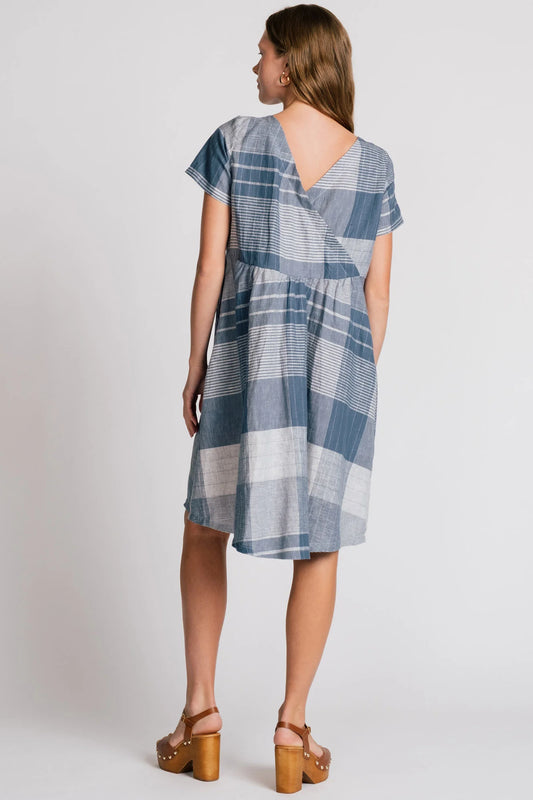 blue plaid babydoll dress back view on model in kelowna from Alison Wonderland