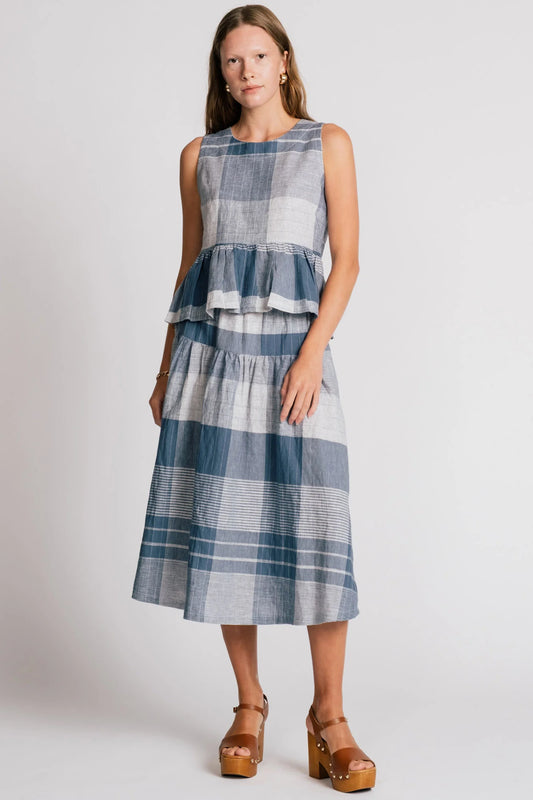 blue plaid linen cotton blend blouse from Alison Wonderland. Front view on model in Kelowna.