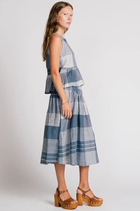 blue plaid linen cotton blend blouse from Alison Wonderland. Side view on model in Kelowna.