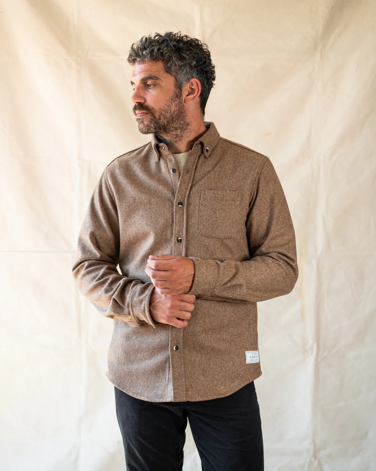 Anián - FW24 - Men's Modern Melton Wool in Oyster - On model front 