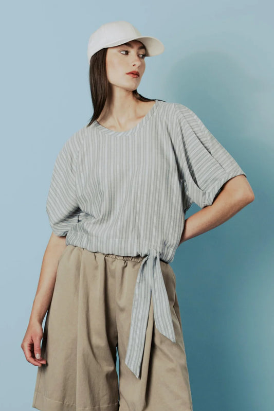 Bahia Top in Light Blue Herringbone - Canadian made women's top with flared shoulders - BodyBag by Jude Kelowna BC

