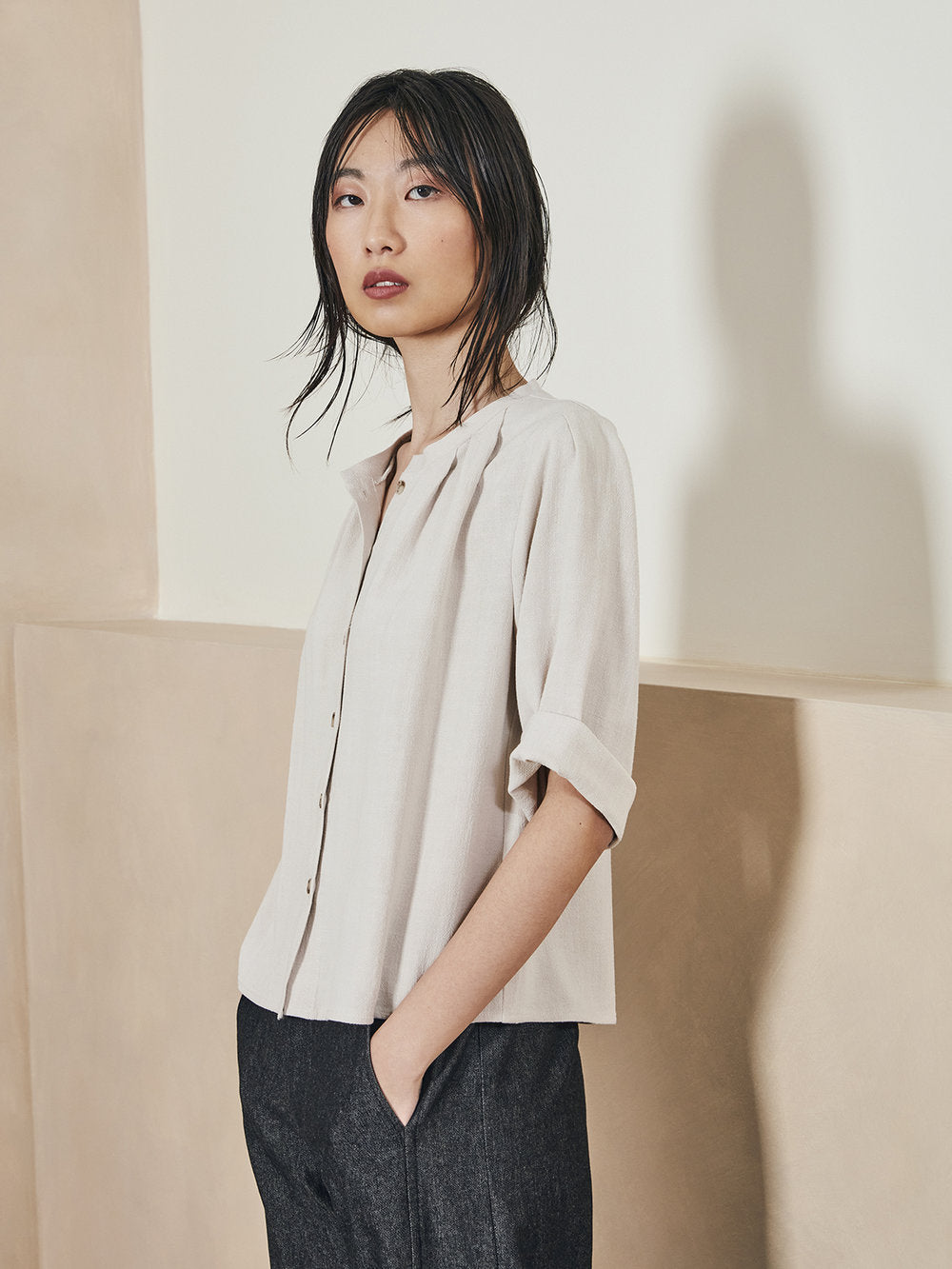 Dagg & Stacey - FW24 - Darcy Button-Up Shirt in Chalk - on model side 2