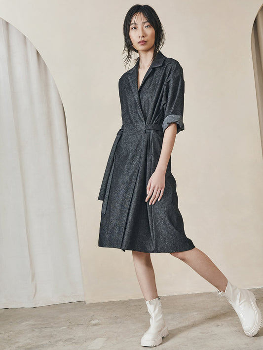 Dagg & Stacey - FW24 - Keating Wrap Dress in Black Washed Denim - front on model 1 
