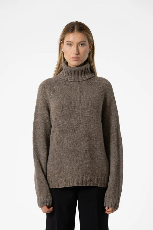 Dinadi - FW24 - Yak Handknit Turtleneck in Oat Brown - on model front 1