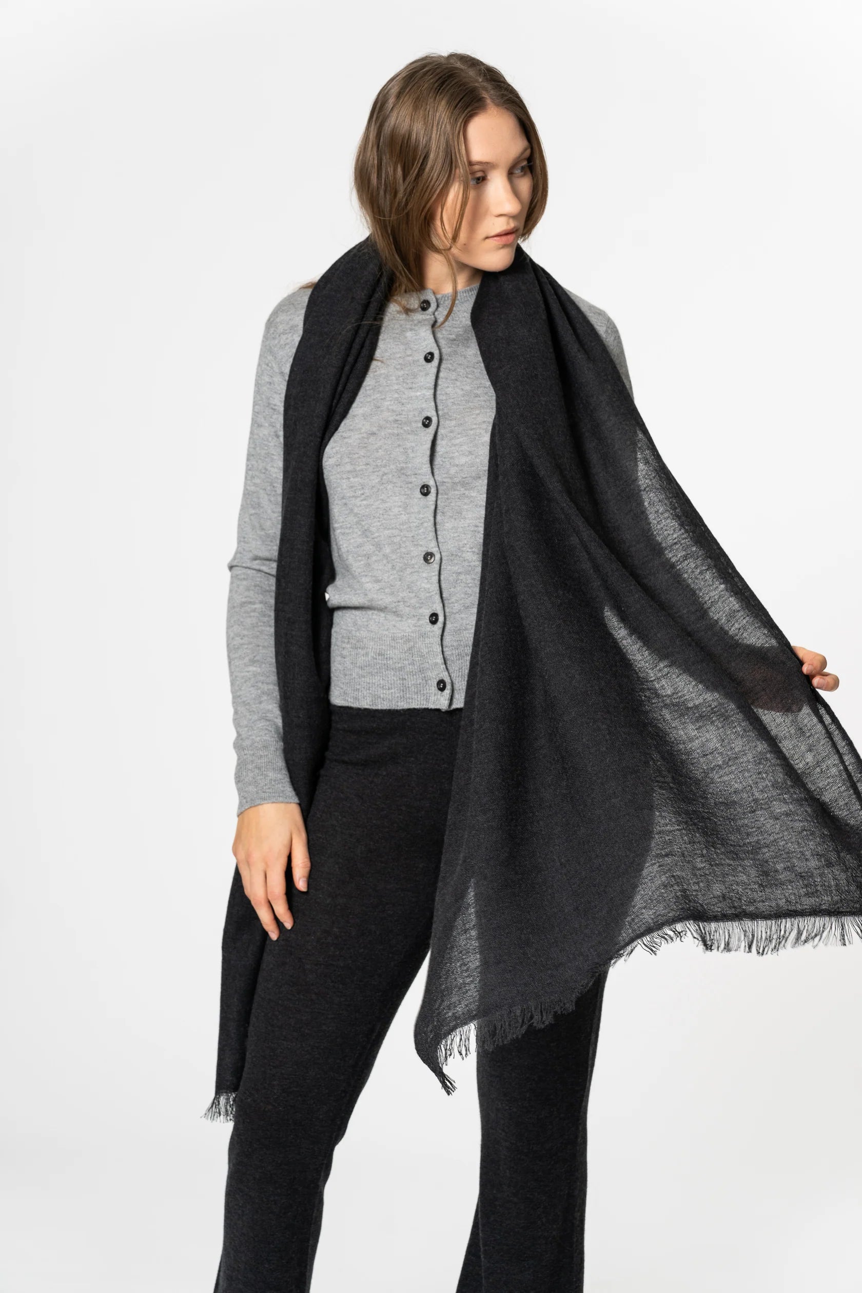 Dinadi - FW 24 - Merino Woven Scarf in Onyx Grey - front 1 