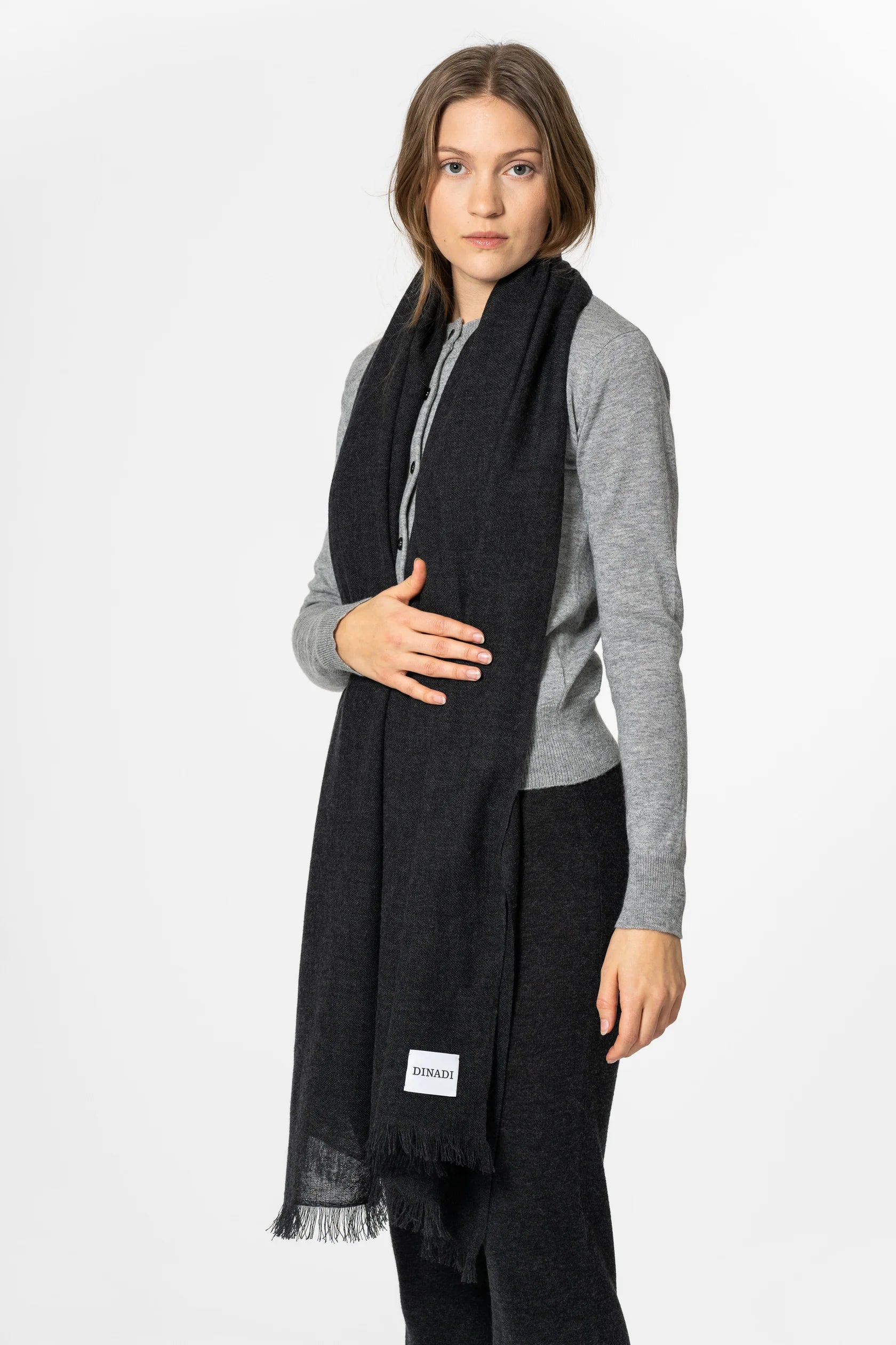 Dinadi - FW 24 - Merino Woven Scarf in Onyx Grey - front 3