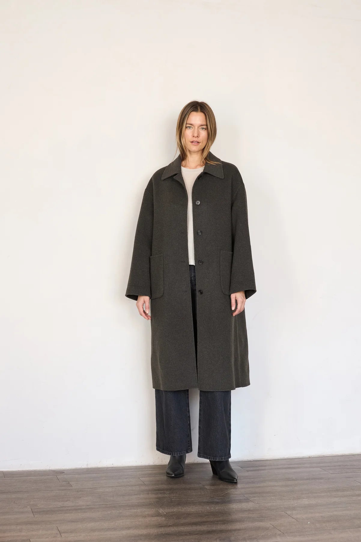 FW24 - It is Well L.A - Handmade Wool Maxi Coat in Charcoal Brown - front 1 