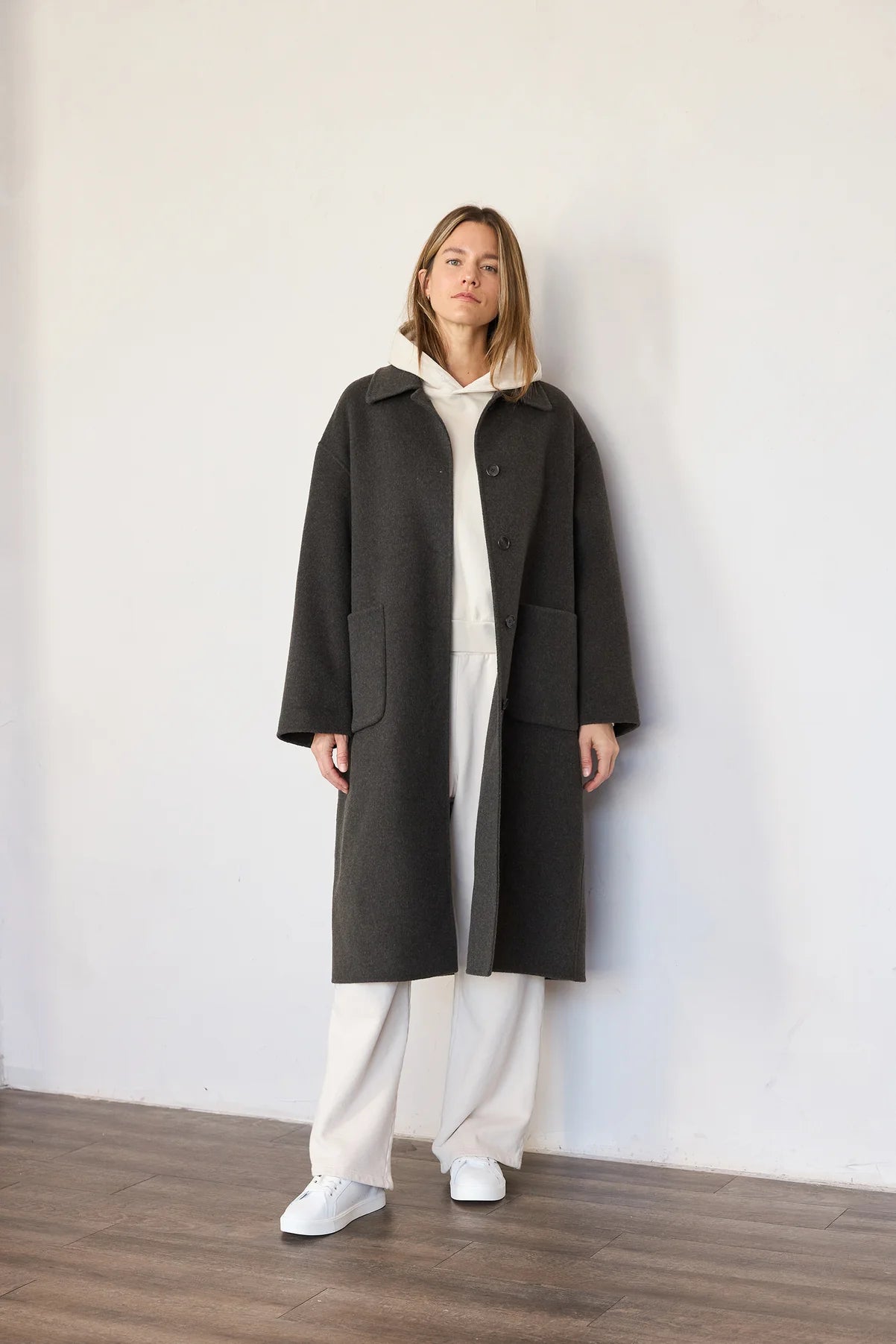 FW24 - It is Well L.A - Handmade Wool Maxi Coat in Charcoal Brown - front 3