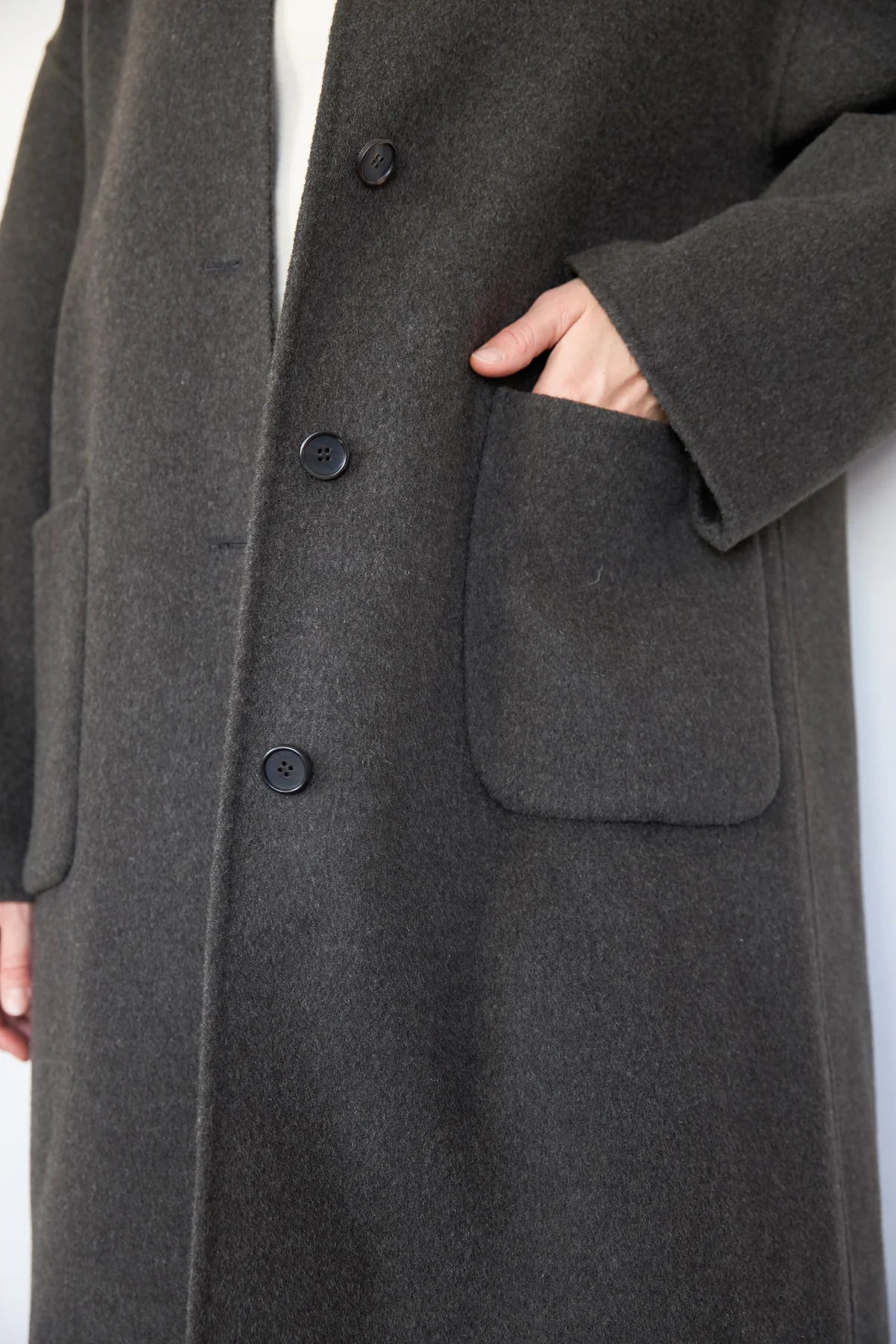 FW24 - It is Well L.A - Handmade Wool Maxi Coat in Charcoal Brown - front close up  2