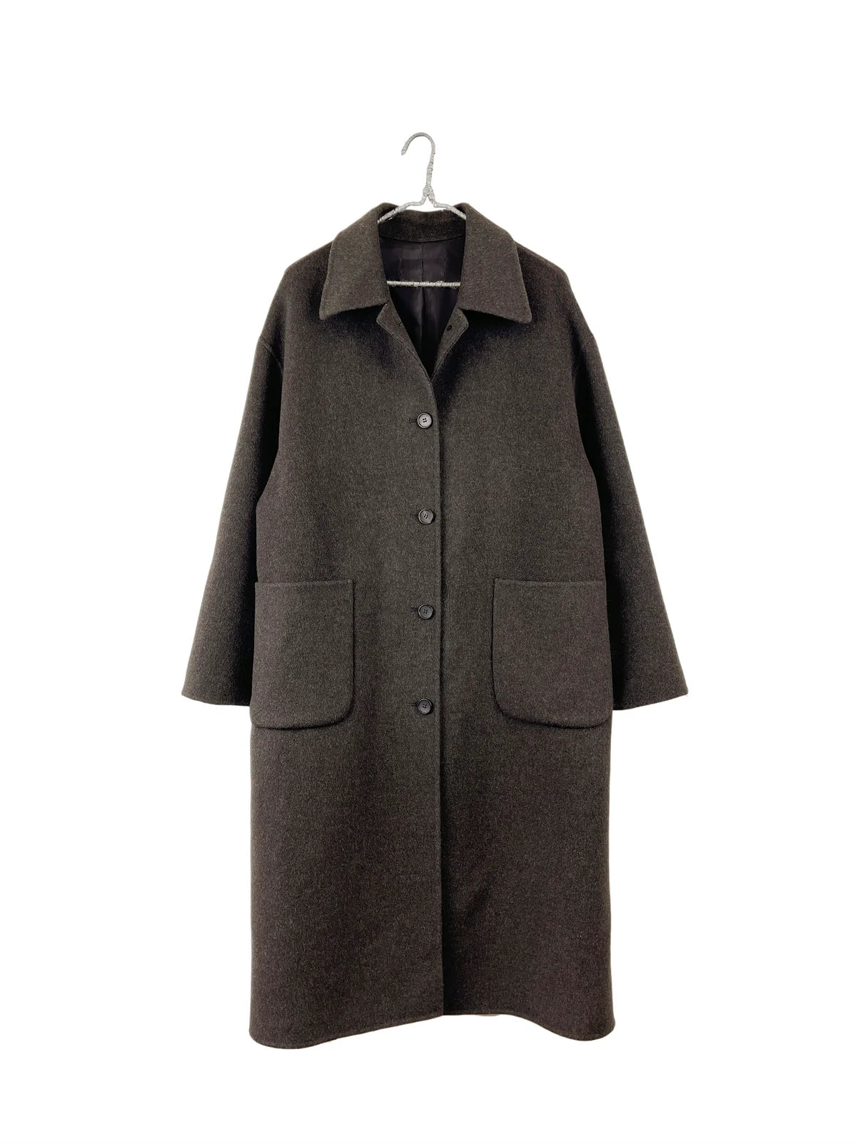 FW24 - It is Well L.A - Handmade Wool Maxi Coat in Charcoal Brown - front display 4