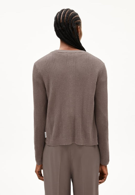 ARMEDANGELS RICALAA LINO Cardigan in Walnut Cream - brown ribbed knit cardigan with long sleeves shown from back in kelowna