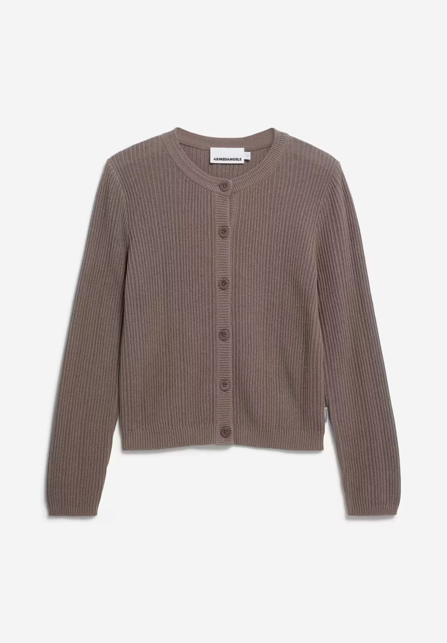 Brown ribbed cardigan on a white background