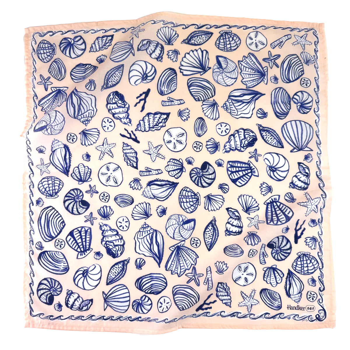 Beige scarf with blue sea shell pattern