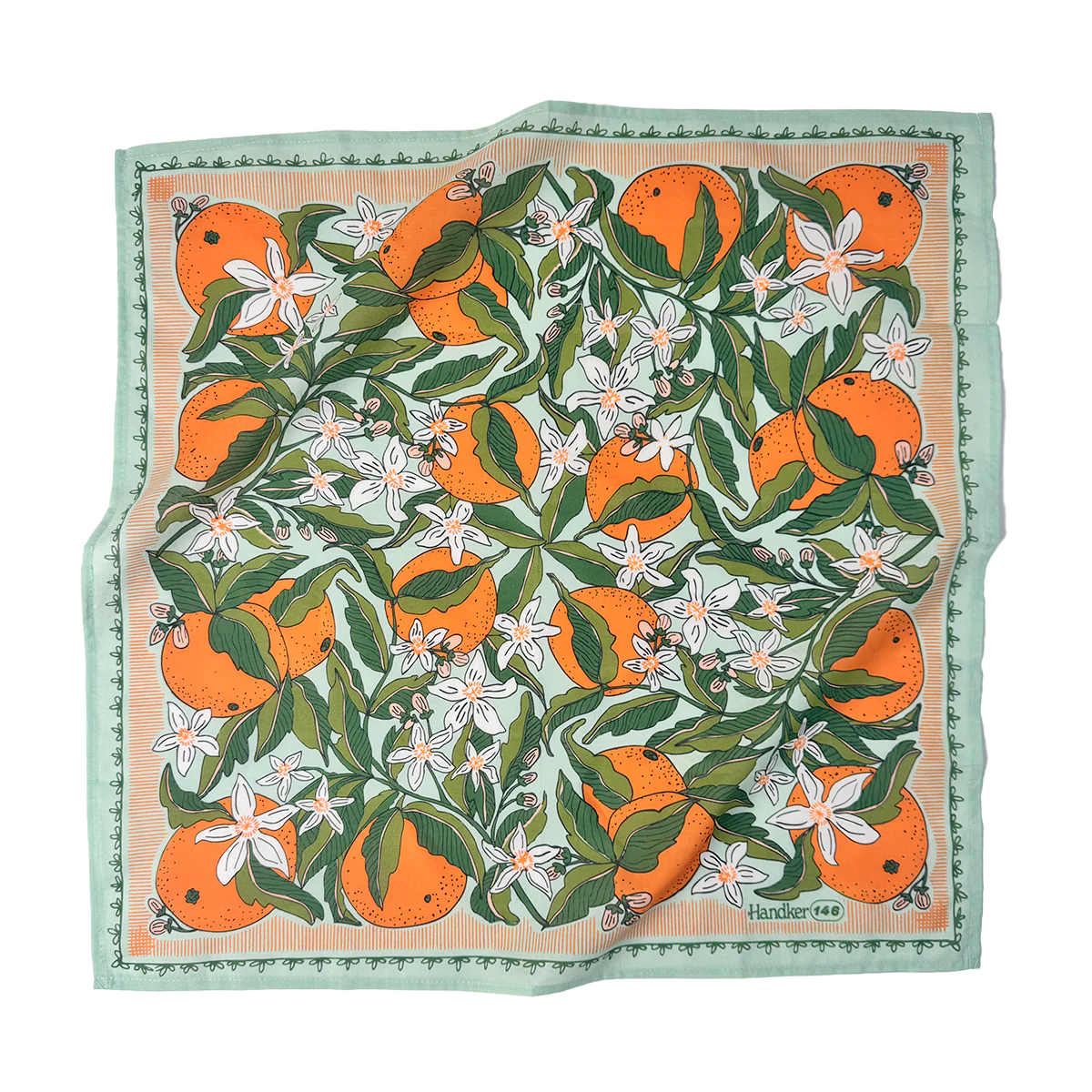 Square scarf with orange and floral pattern on a white background