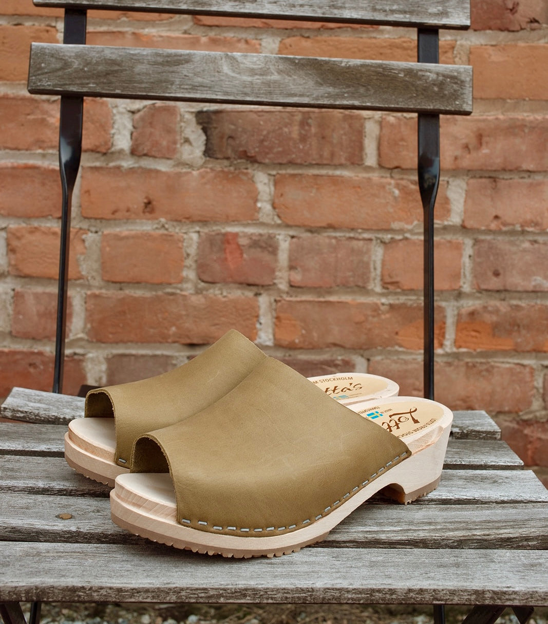 Berit Low Open Clog in Olive Oiled Nubuck