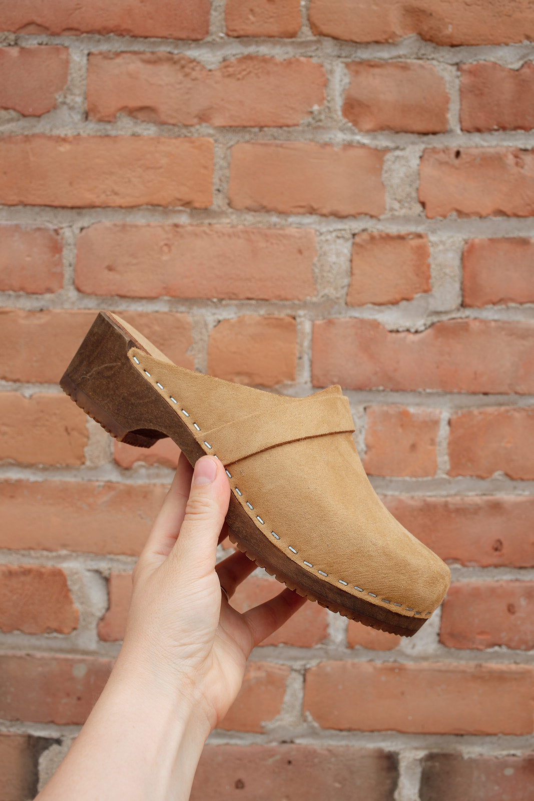 Elsa Classic Clogs in Sand StainResist. Nubuck on Brown Base