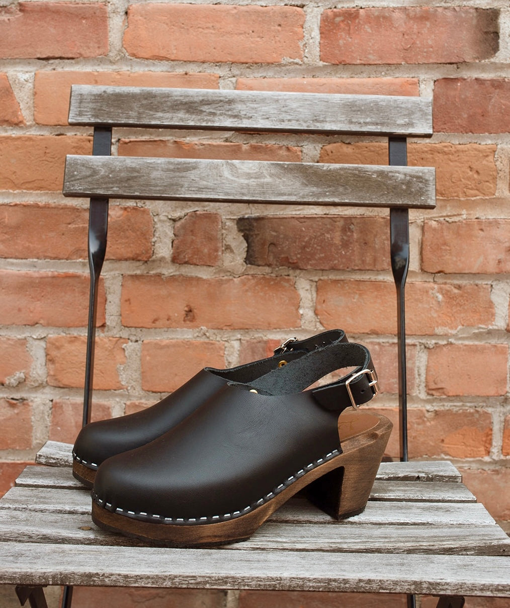 Slingback Clogs in Black on Brown Base