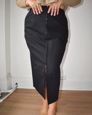 Zipper Skirt in Black Cotton Twill