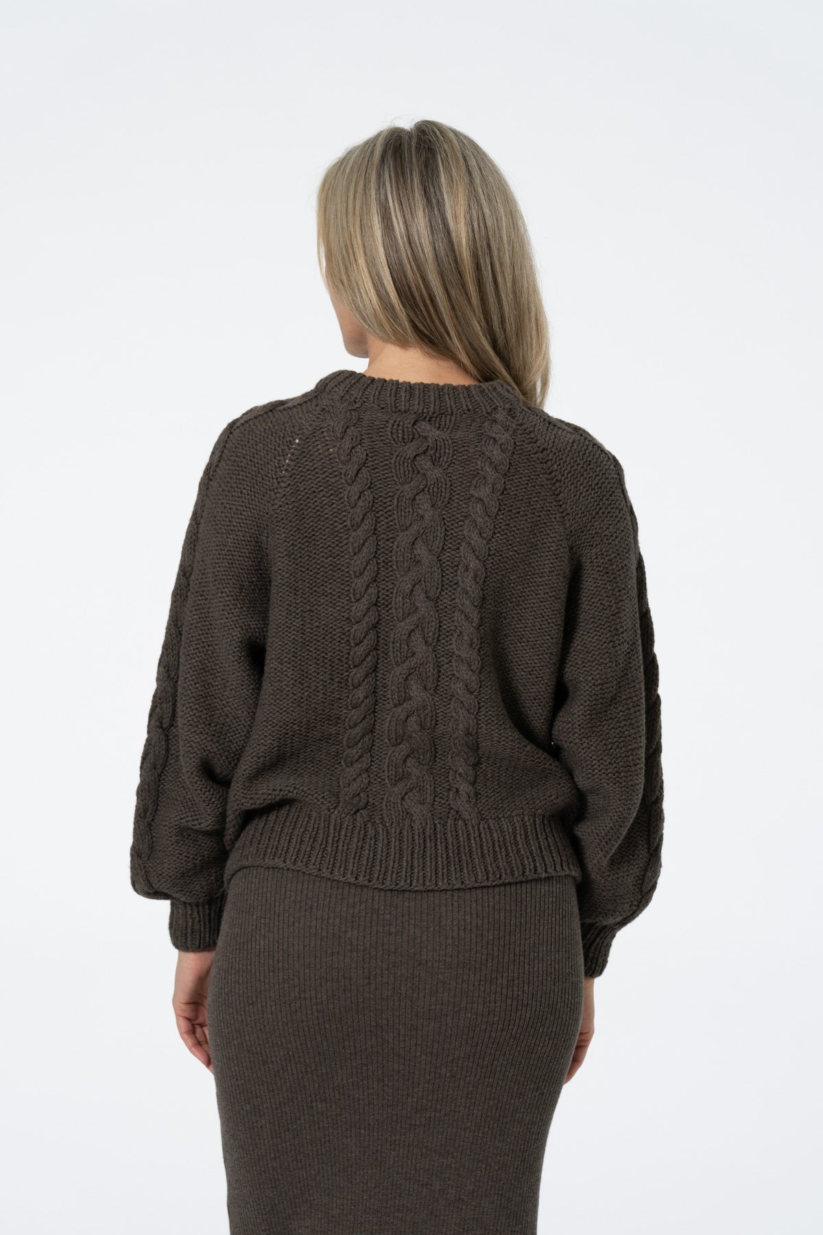 Merino Handknit Cable Sweater in Mulch Brown Fall 23/24