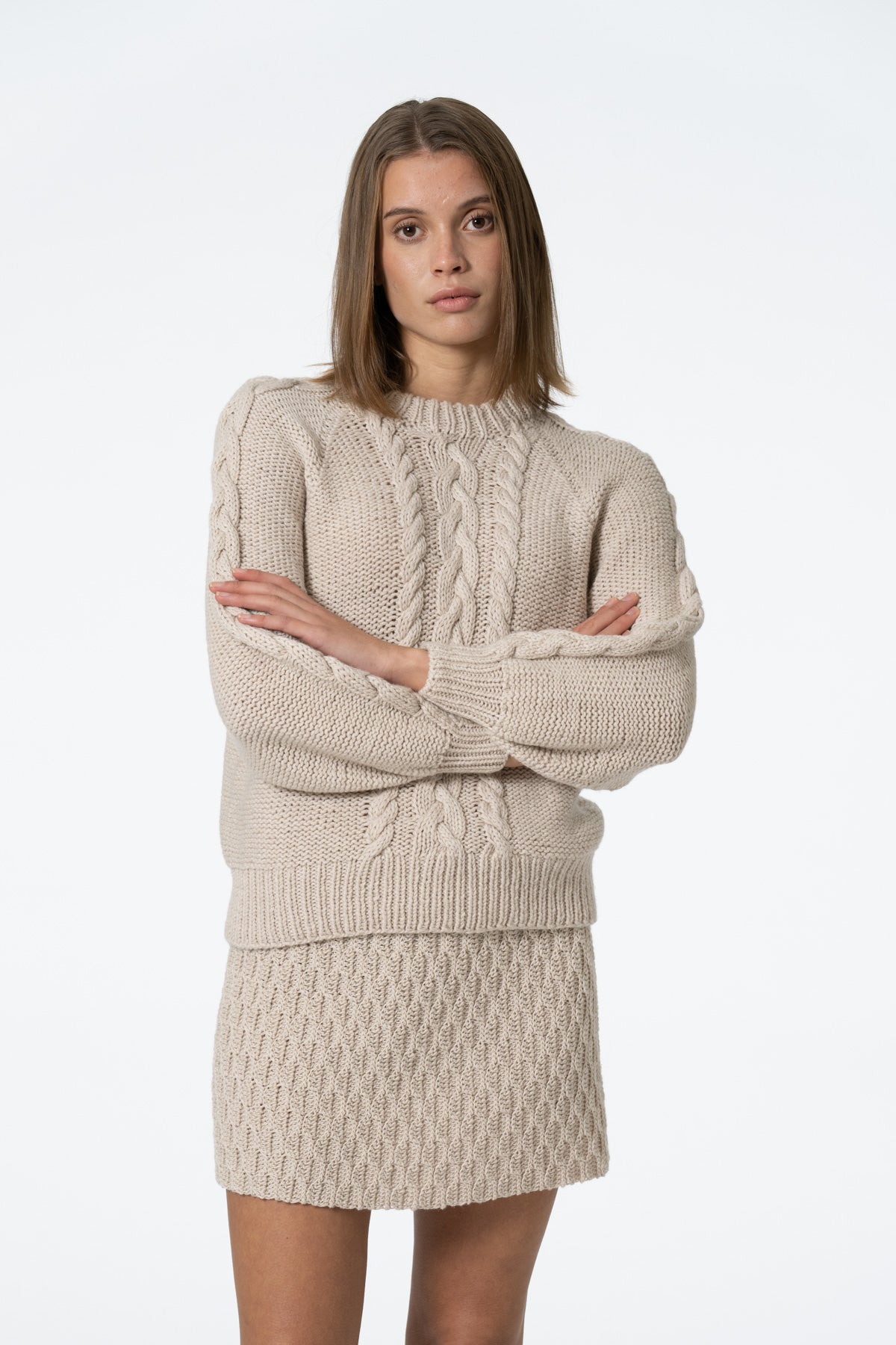 Merino Handknit Cable Sweater Almond White