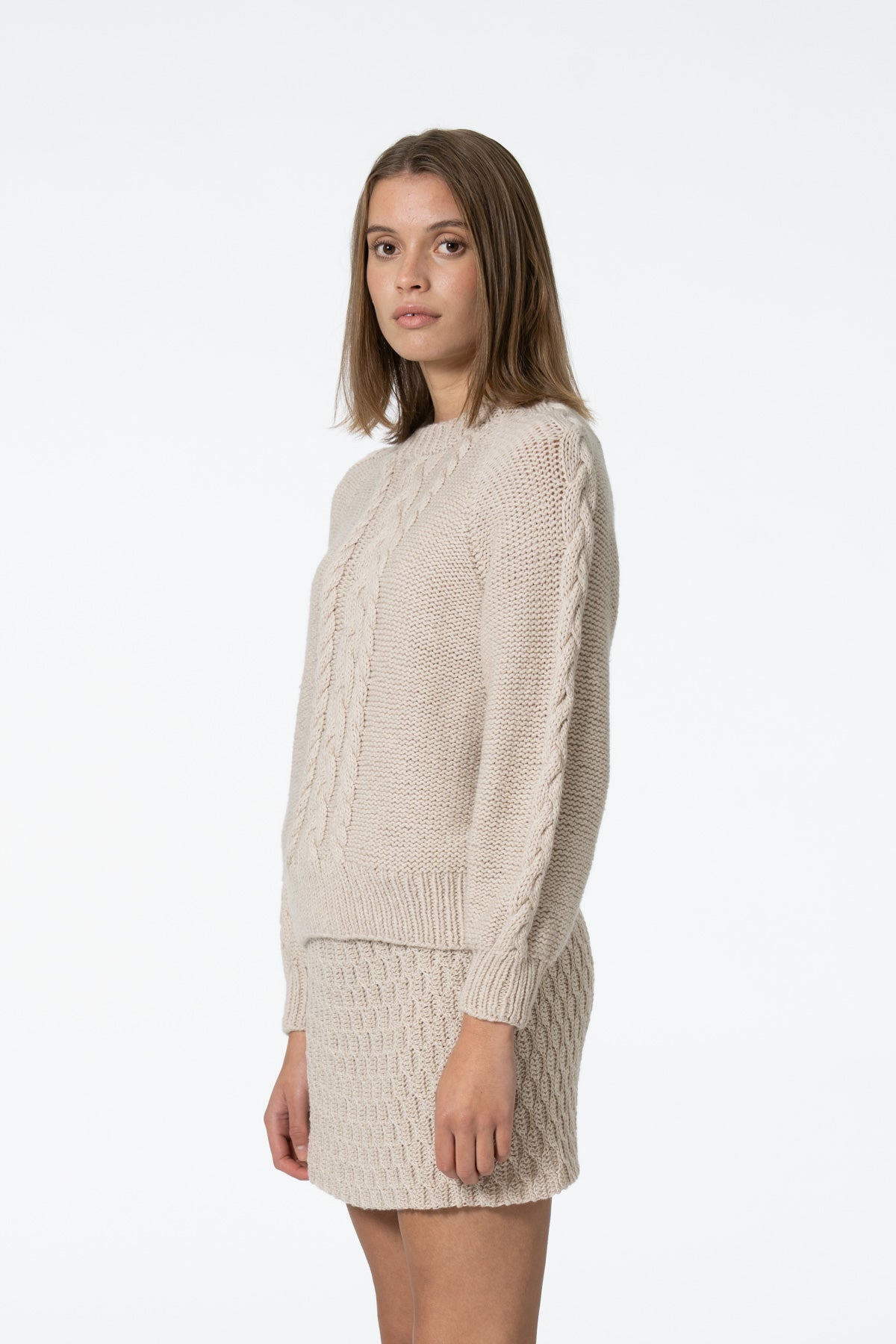 Merino Handknit Cable Sweater Almond White