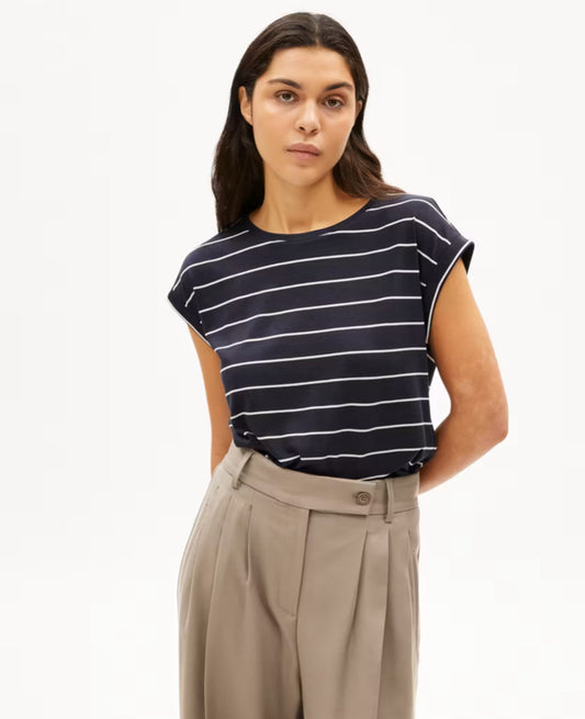 Jilaana Top in Fine Stripe Night Sky-Oatmilk