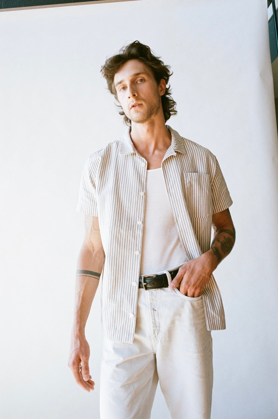 SS24 - Saturday Project - The Leisure Shirt in Natural Stipe - front open 1