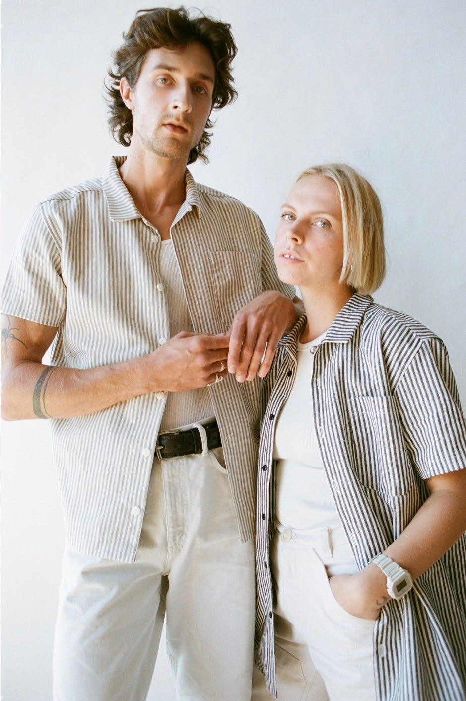 SS24 - Saturday Project - The Leisure Shirt in Natural Stipe  - both style on model 4