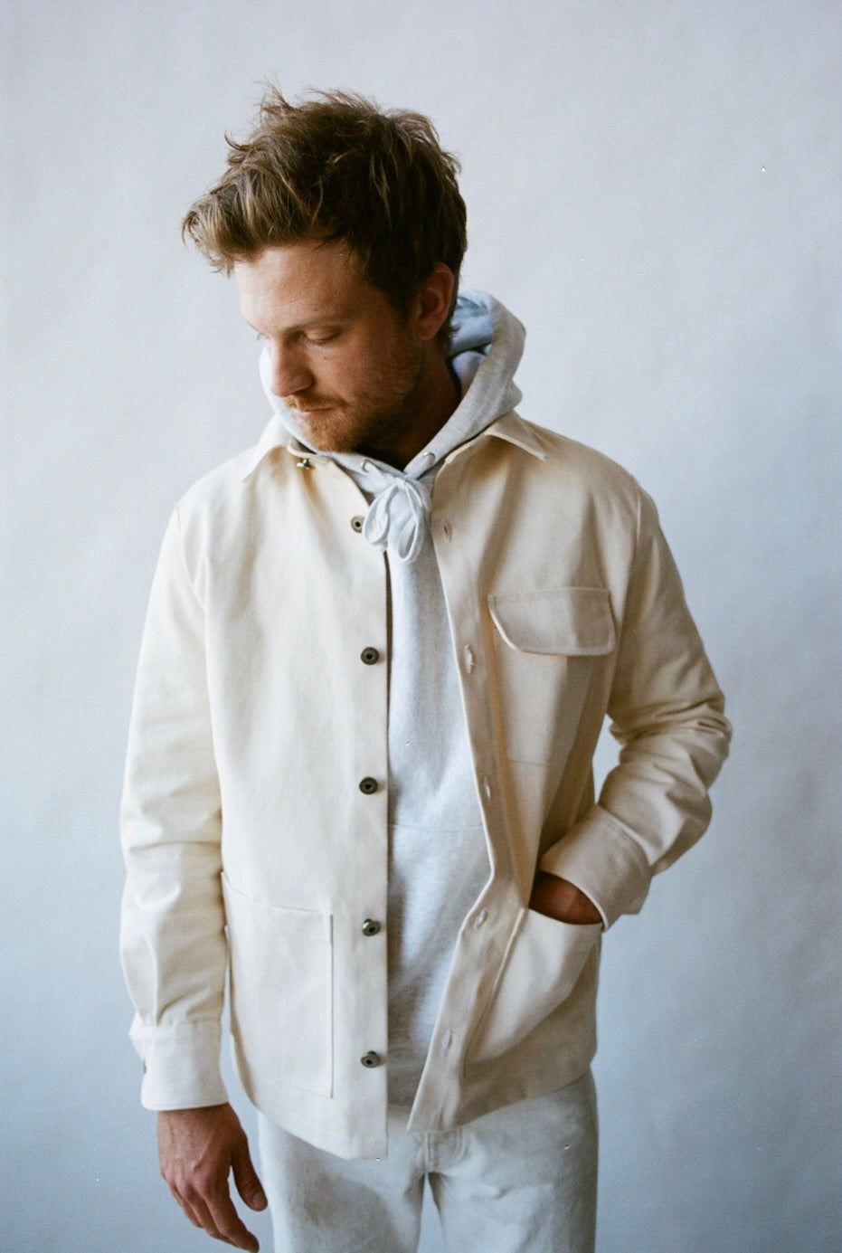 SS24 - Saturday Project - Unisex Jacket  No. 001 - The Chore Coat in Natural  -front  on man 4