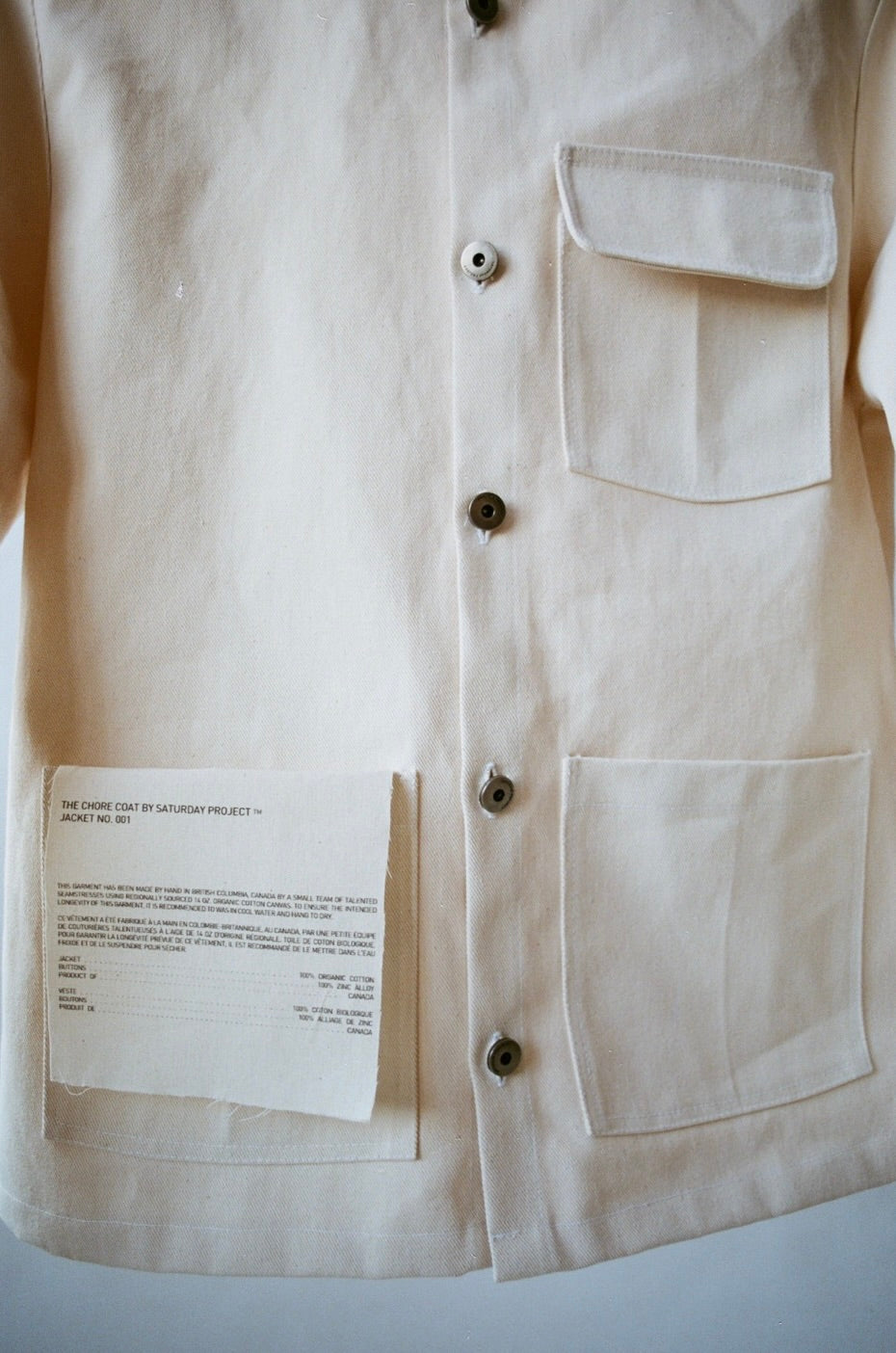 SS24 - Saturday Project - Unisex Jacket  No. 001 - The Chore Coat in Natural  - close-up front 7