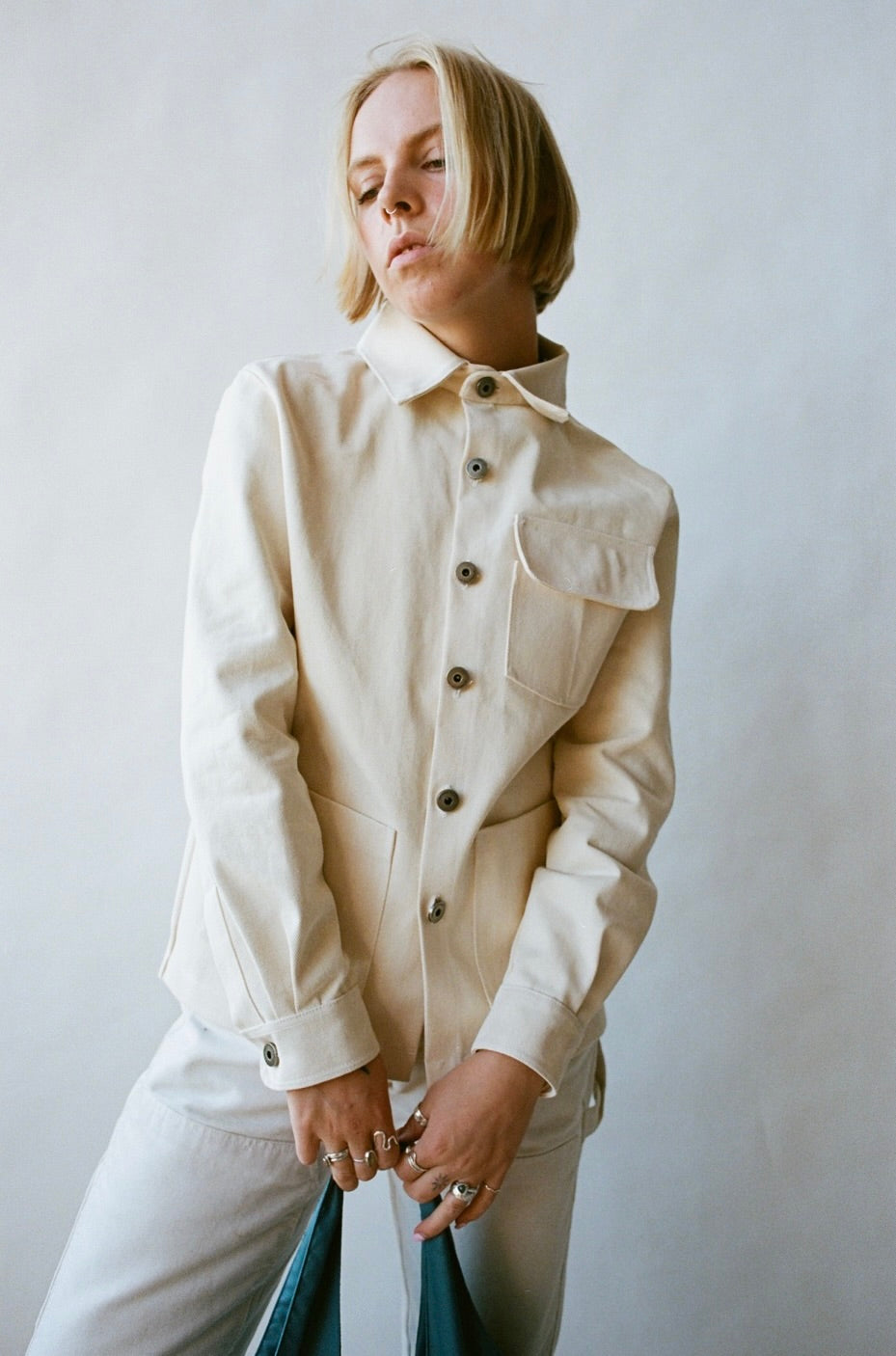 SS24 - Saturday Project - Unisex Jacket  No. 001 - The Chore Coat in Natural - front on woman 2