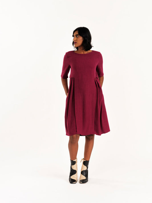 Jennifer Glasgow - FW24 - Boudica Dress in Burgundy - on model front 1