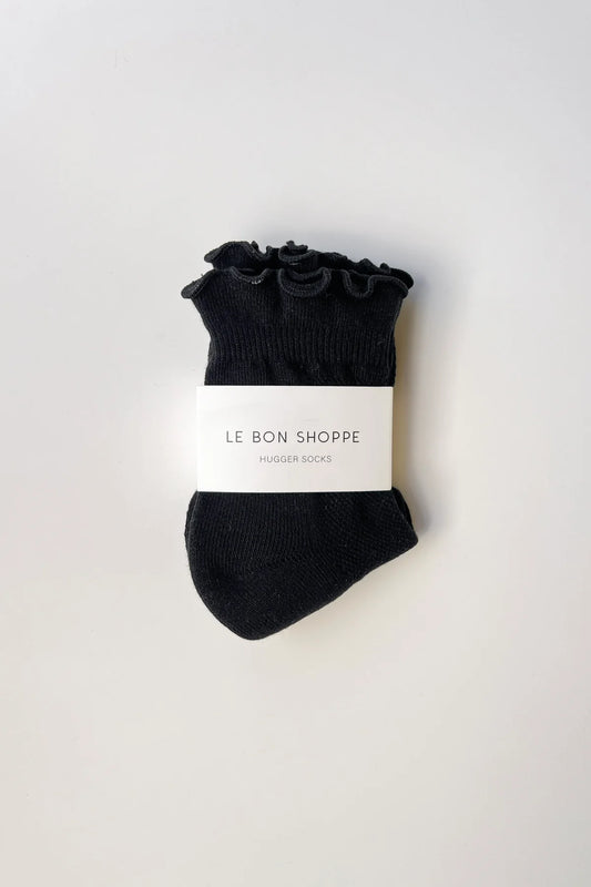 Black ankle socks with floral details on a white background, featuring 'Le Bon Shoppe' branding.