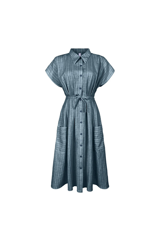Front view of Marilyn dress in blue chambray denim from Melow