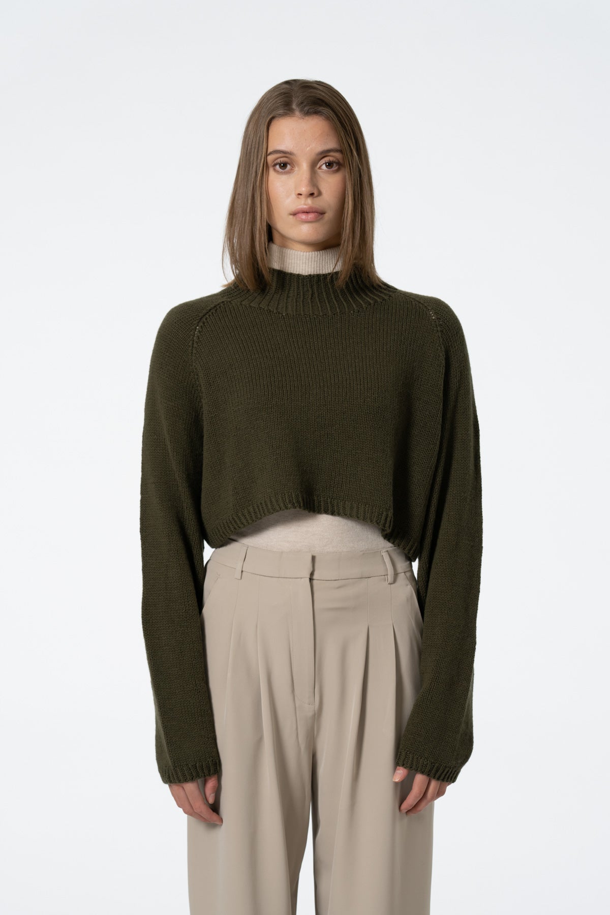 Dinadi Merino Cropped Sweater in Olive Green Fall 23/24