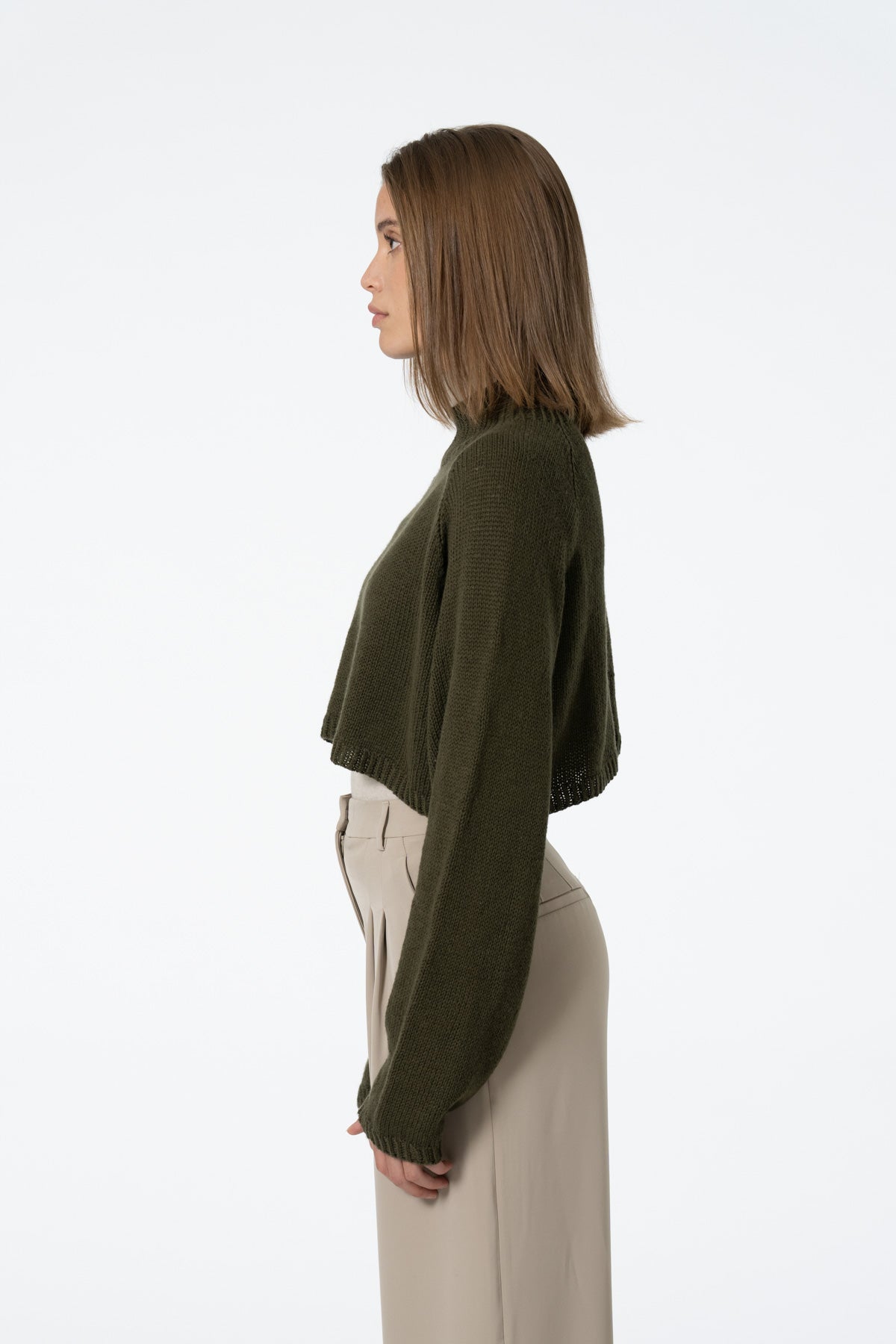 Dinadi Merino Cropped Sweater in Olive Green Fall 23/24