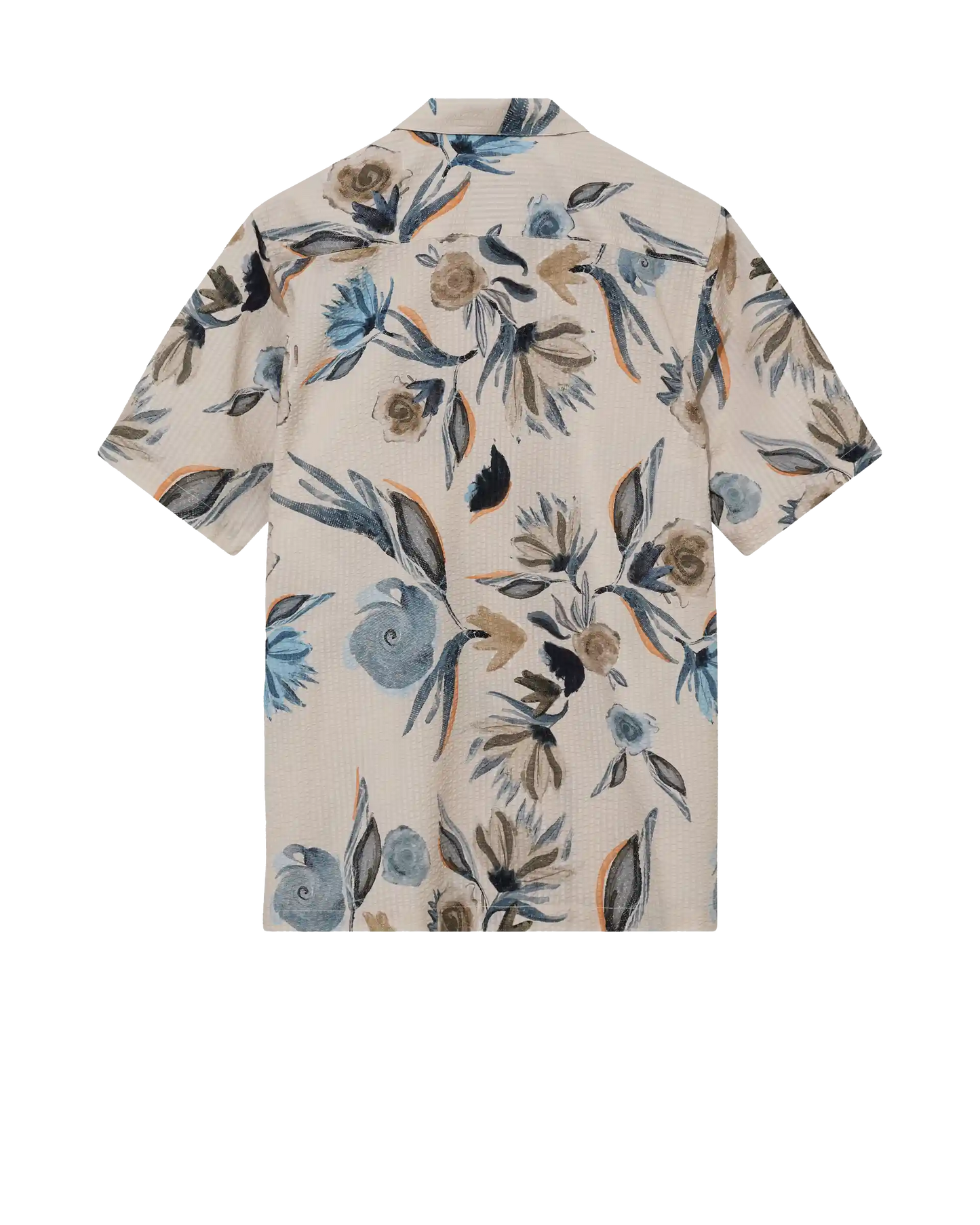 MOS MOSH Gallery Joel Haiku Seer SS Shirt Ecru – men's floral cotton shirt, Canada frontlay back view