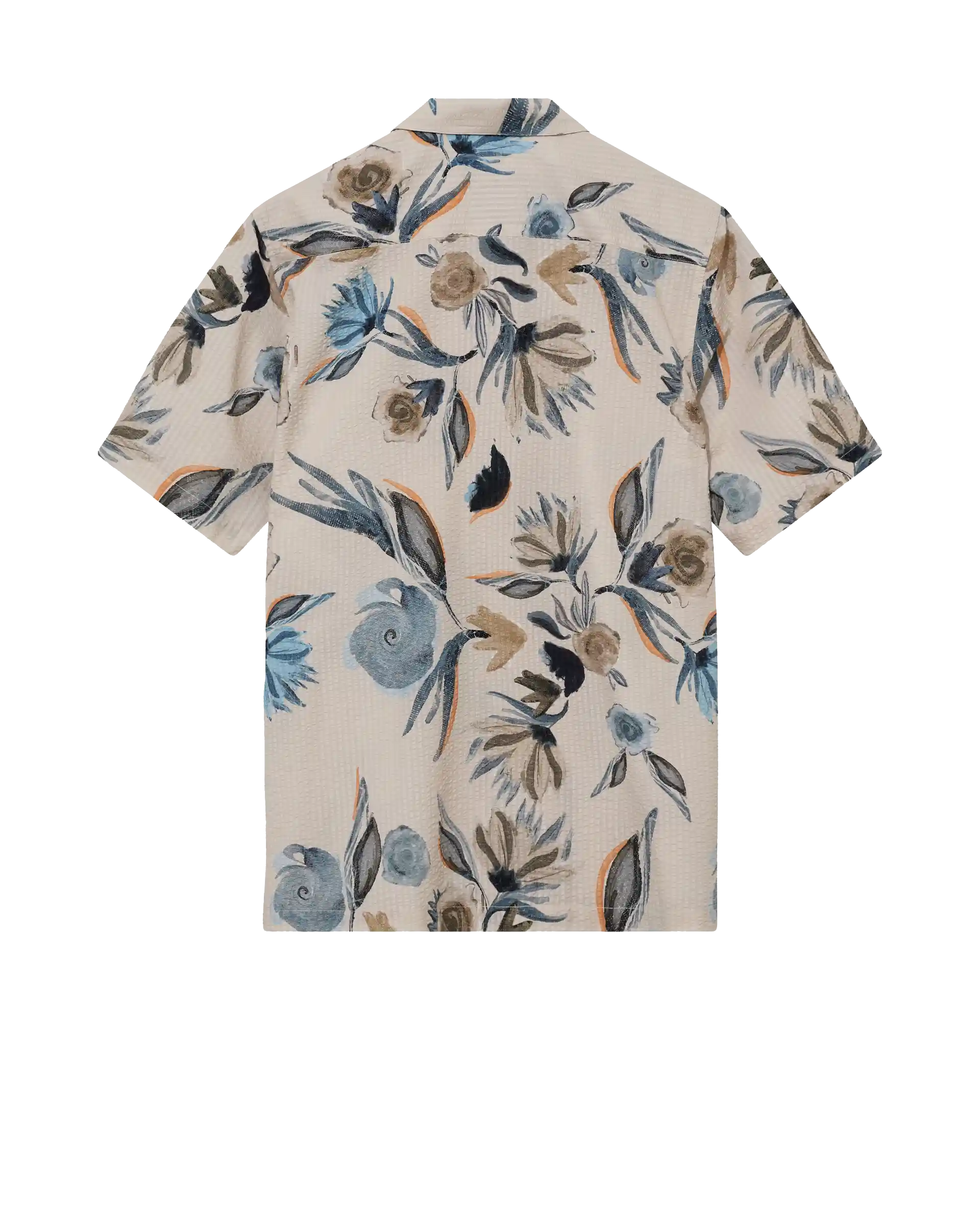 MOS MOSH Gallery Joel Haiku Seer SS Shirt Ecru – men's floral cotton shirt, Canada frontlay back view