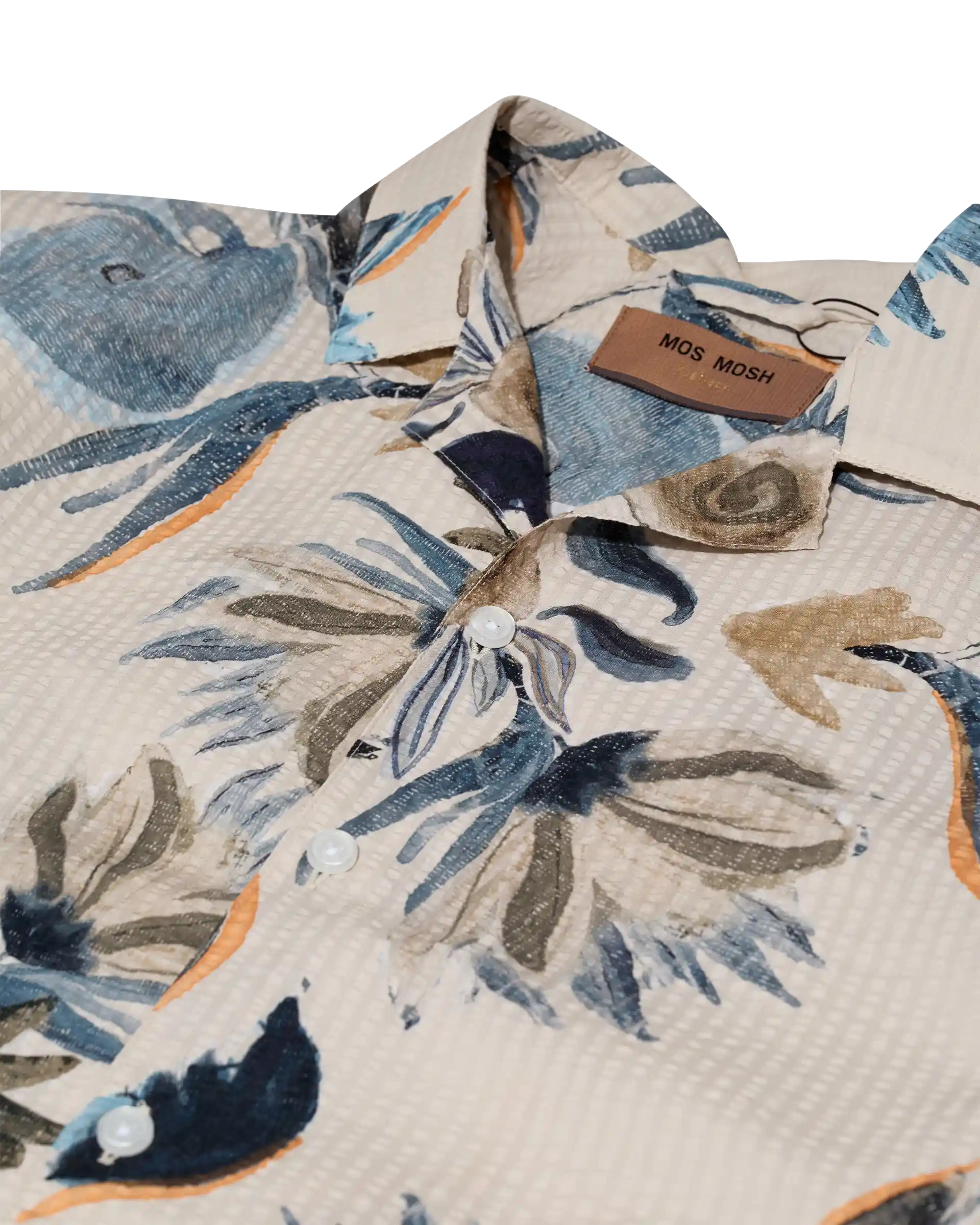 MOS MOSH Gallery Joel Haiku Seer SS Shirt Ecru – men's floral cotton shirt, Canada detail of collar, floral print and collar