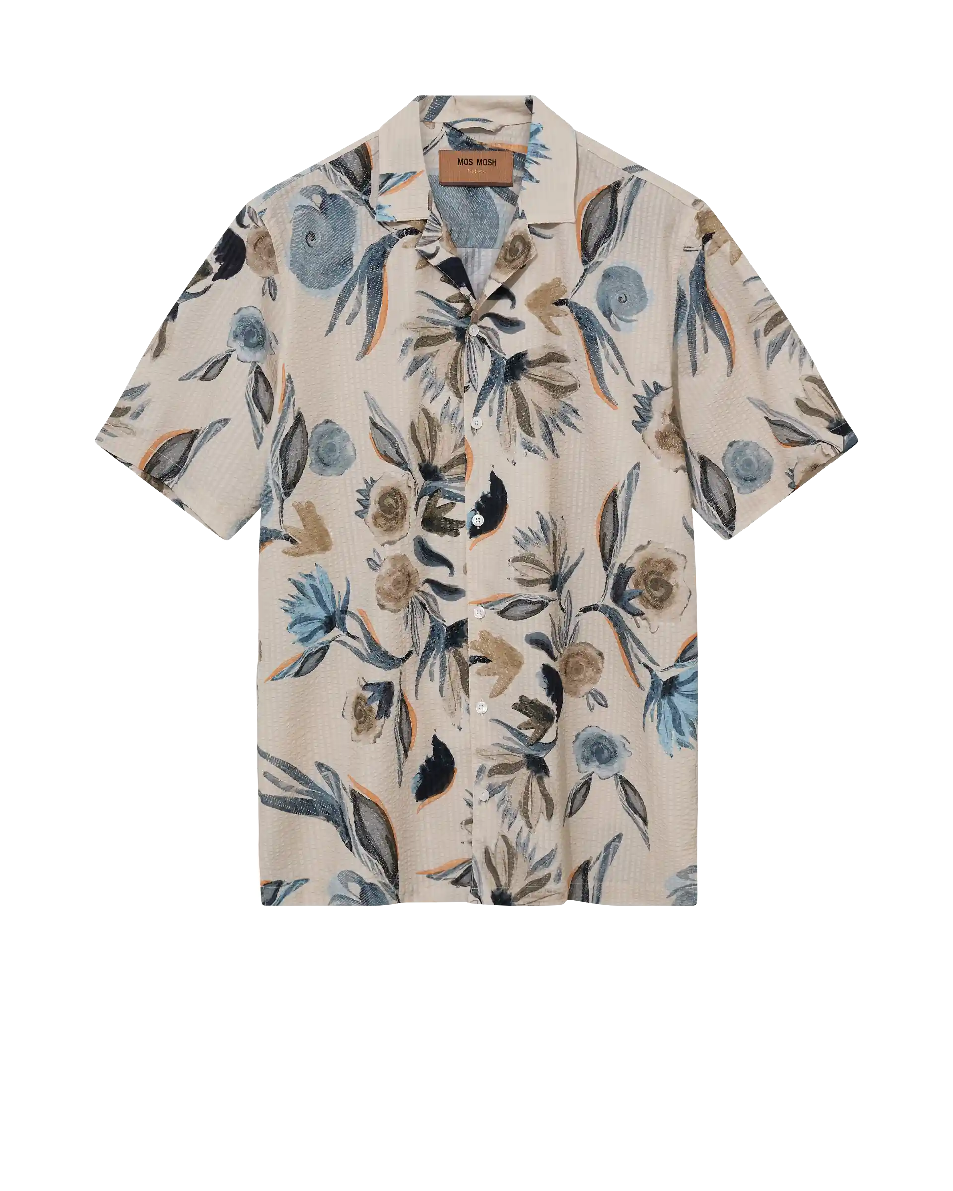MOS MOSH Gallery Joel Haiku Seer SS Shirt Ecru – men's floral cotton shirt, Canada flatlay shot front