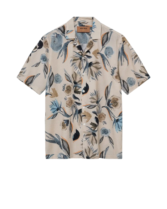 MOS MOSH Gallery Joel Haiku Seer SS Shirt Ecru – men's floral cotton shirt, Canada flatlay shot front
