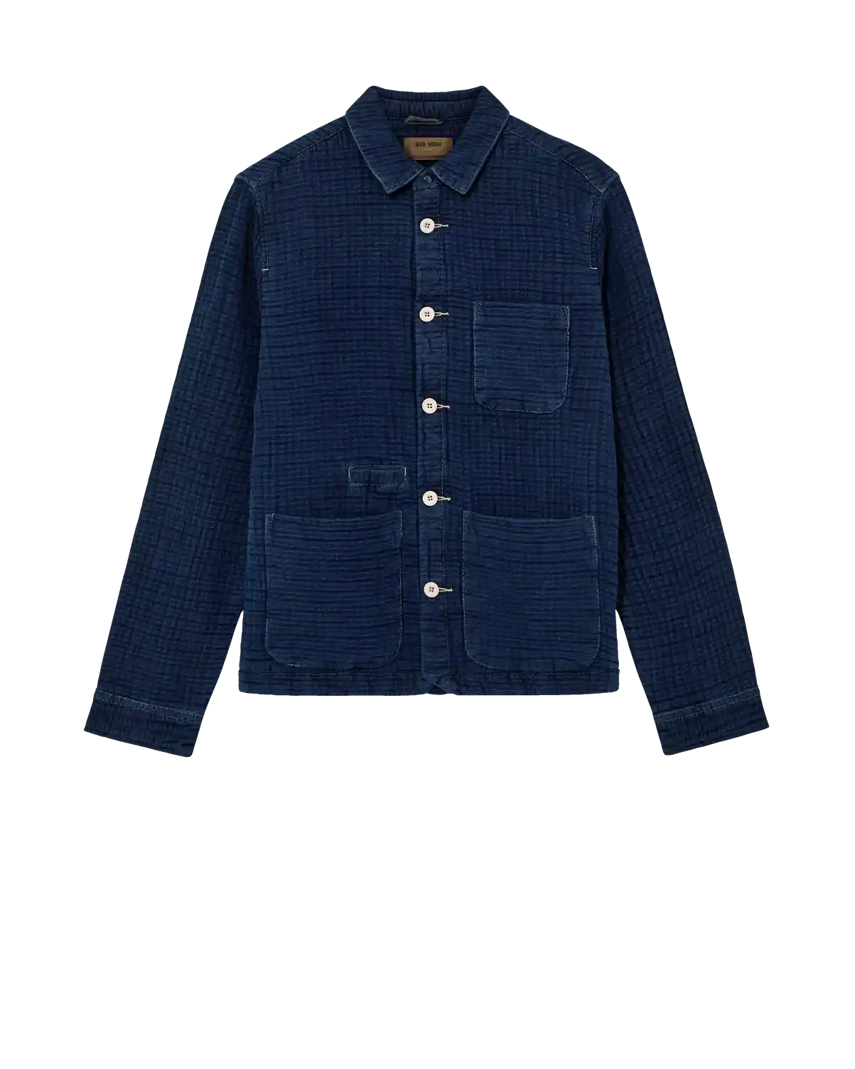 Mos Mosh Dobby Indigo Jacket Blue corduroy jacket with button details on a white background